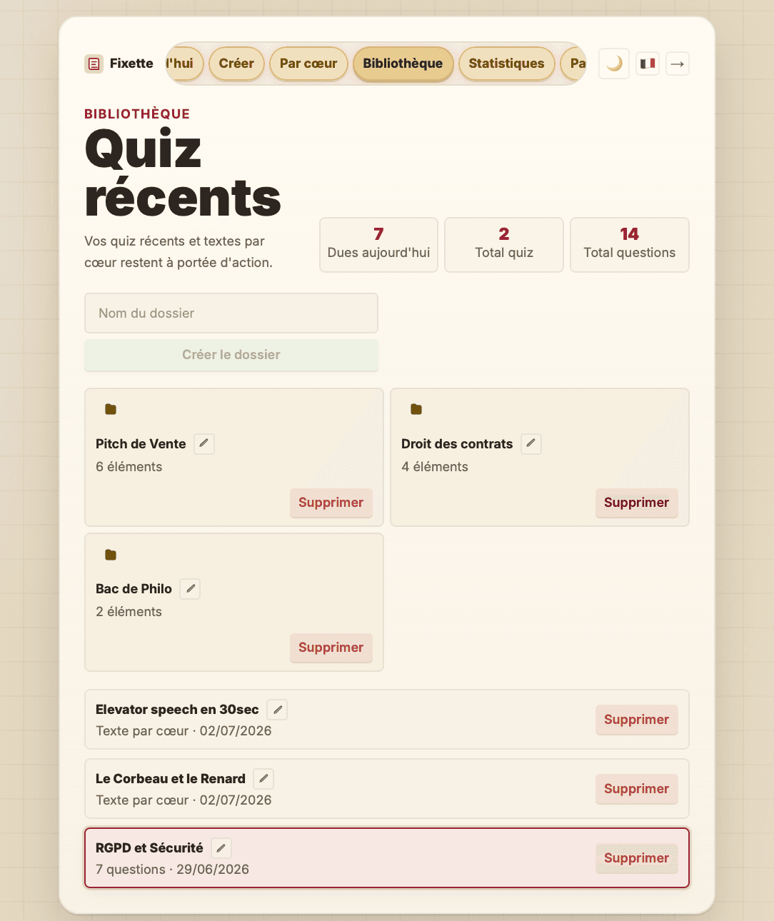 Real screenshot of the Fixette library with recent quizzes and folders